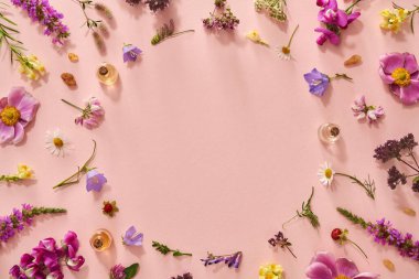 Yaz aromaterapi şişeleri ile aromaterapi esaslı yağ, tütsü, çiçek açan kekik otu, kiremit ve dairesel kopyalama alanı olan diğer çiçekler.