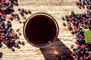 Güneş ışığında bir bardak siyah yaşlı şurubu. Arka planda mürver böğürtlenleri, üst manzara.