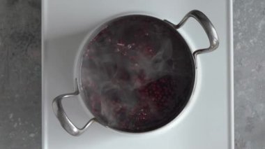Baharatlı ve suyla ezilmiş elderberry 'ler tencerede kaynıyor ve buharda pişiyor - ev yapımı siyah yaşlı şurubu.