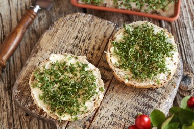 Two slices of sourdough bun with fresh homegrown garden cress microgreens or sprouts