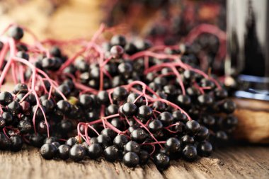 Masadaki taze siyah yaşlı böğürtlenlere yakın çekim. Bitkisel ilaçlar.