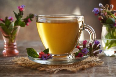 Baharın başında toplanmış taze akciğer otu ya da pulmonarya çiçekli bir fincan bitki çayı.