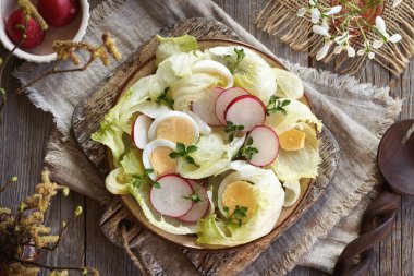 Yumurtalı, turplu ve civcivli taze sebze salatası. Baharın başında toplanan yaban yenilebilir bitki.