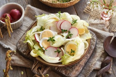 Bir tabak sebze salatası, marul, turp, yumurta ve civciv. Baharın başında toplanan yabani yenilebilir bitki.