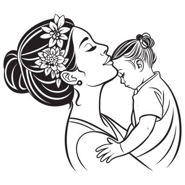 Güzel, yumuşak, siyah-beyaz çizgili bir sanat çizgisi anne sevgisinin samimi bir anını yakalıyor. Bir annenin, çiçeklerle süslenmiş zarif saçlarının, sıcak ve sevgi dolu bir şekilde küçük çocuğunu nazikçe öptüğünü gösteriyor. Basit., 