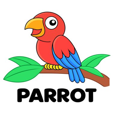 Şirin, canlı bir papağan bir dala tünemiş, üzerinde 