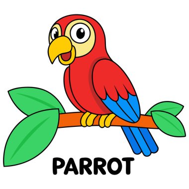 Şirin, canlı bir papağan bir dala tünemiş, üzerinde 