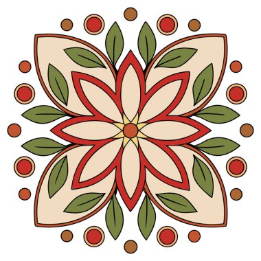 Bu güzel, simetrik bir çiçek vektör illüstrasyonu merkezi altı yapraklı bir çiçeğin şekillendirilmiş yeşil yapraklar ve dallarla çevrelenmiş hali. Tasarım basit, temiz bir renk paleti kullanır