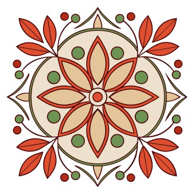 Bu güzel, simetrik bir çiçek vektör illüstrasyonu merkezi altı yapraklı bir çiçeğin şekillendirilmiş yeşil yapraklar ve dallarla çevrelenmiş hali. Tasarım basit, temiz bir renk paleti kullanır