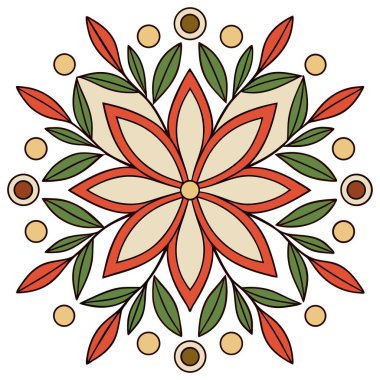 Bu güzel, simetrik bir çiçek vektör illüstrasyonu merkezi altı yapraklı bir çiçeğin şekillendirilmiş yeşil yapraklar ve dallarla çevrelenmiş hali. Tasarım basit, temiz bir renk paleti kullanır