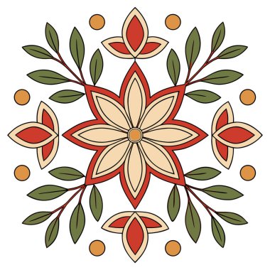 Bu güzel, simetrik bir çiçek vektör illüstrasyonu merkezi altı yapraklı bir çiçeğin şekillendirilmiş yeşil yapraklar ve dallarla çevrelenmiş hali. Tasarım basit, temiz bir renk paleti kullanır