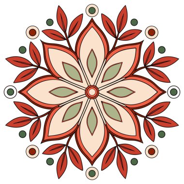 Bu güzel, simetrik bir çiçek vektör illüstrasyonu merkezi altı yapraklı bir çiçeğin şekillendirilmiş yeşil yapraklar ve dallarla çevrelenmiş hali. Tasarım basit, temiz bir renk paleti kullanır