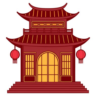 Bu, geleneksel bir Çin pavyonu ya da pagoda 'nın canlı, düz dizayn vektör çizimi. Yapı ikonik süpürme gable çatıları içerir ve iyi şansı simgeleyen koyu kırmızı ve parlak sarı palet rengiyle renklendirilmiştir 
