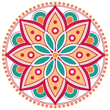 Bu, merkezinde belirgin bir çiçek motifi bulunan simetrik, dairesel bir tasarımı olan stilize edilmiş bir halk sanatı mandala. İllüstrasyonda kırmızı, siyah ve bej renkli, kalın hatları olan sınırlı bir palet kullanılıyor. Dönen, dekoratif elementler 