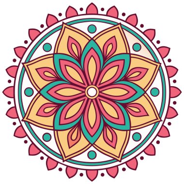 Bu, merkezinde belirgin bir çiçek motifi bulunan simetrik, dairesel bir tasarımı olan stilize edilmiş bir halk sanatı mandala. İllüstrasyonda kırmızı, siyah ve bej renkli, kalın hatları olan sınırlı bir palet kullanılıyor. Dönen, dekoratif elementler 