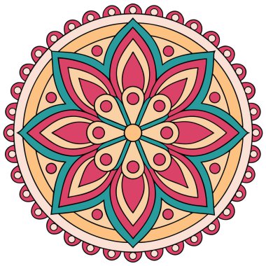 Bu, merkezinde belirgin bir çiçek motifi bulunan simetrik, dairesel bir tasarımı olan stilize edilmiş bir halk sanatı mandala. İllüstrasyonda kırmızı, siyah ve bej renkli, kalın hatları olan sınırlı bir palet kullanılıyor. Dönen, dekoratif elementler 