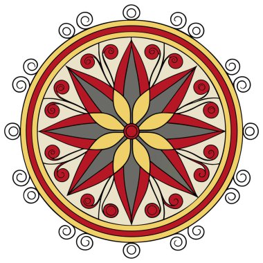 Bu, merkezinde belirgin bir çiçek motifi bulunan simetrik, dairesel bir tasarımı olan stilize edilmiş bir halk sanatı mandala. İllüstrasyonda kırmızı, siyah ve bej renkli, kalın hatları olan sınırlı bir palet kullanılıyor. Dönen, dekoratif elementler 