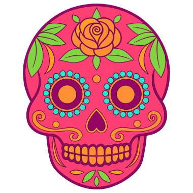 Kafatası parlak, sıcak, pembe bir renkle kaplıdır ve zengin bir şekilde simetrik ve renkli desenlerle süslenmiştir. Anahtar özellikler arasında alnında sarı bir gül, kalp şeklindeki burnun çevresinde sarı ve mor aksanlar var.,