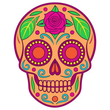 Kafatası parlak, sıcak, pembe bir renkle kaplıdır ve zengin bir şekilde simetrik ve renkli desenlerle süslenmiştir. Anahtar özellikler arasında alnında sarı bir gül, kalp şeklindeki burnun çevresinde sarı ve mor aksanlar var.,