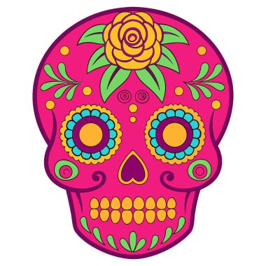 Kafatası parlak, sıcak, pembe bir renkle kaplıdır ve zengin bir şekilde simetrik ve renkli desenlerle süslenmiştir. Anahtar özellikler arasında alnında sarı bir gül, kalp şeklindeki burnun çevresinde sarı ve mor aksanlar var.,