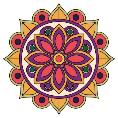 Bu canlı, simetrik bir vektör mandala kraliyet mor, koyu kestane rengi ve ılık altın / turuncu tonlarını sergiliyor. Tasarım, nilüfer çiçeği ve gözyaşı damlası geometrik desenleri içeren ayrıntılı, eşmerkezli bir düzendir., 