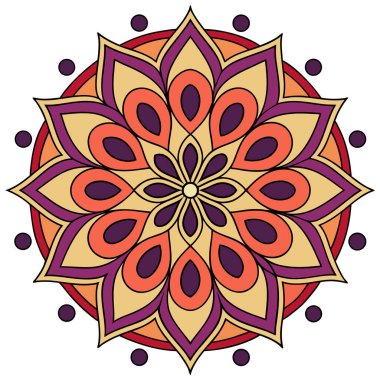 Bu canlı, simetrik bir vektör mandala kraliyet mor, koyu kestane rengi ve ılık altın / turuncu tonlarını sergiliyor. Tasarım, nilüfer çiçeği ve gözyaşı damlası geometrik desenleri içeren ayrıntılı, eşmerkezli bir düzendir., 
