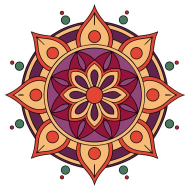 Bu canlı, simetrik bir vektör mandala kraliyet mor, koyu kestane rengi ve ılık altın / turuncu tonlarını sergiliyor. Tasarım, nilüfer çiçeği ve gözyaşı damlası geometrik desenleri içeren ayrıntılı, eşmerkezli bir düzendir., 