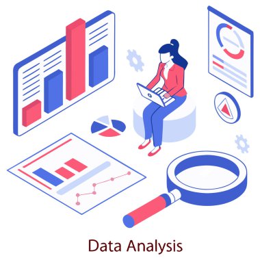 Bir kadın, bir iş analisti ya da veri bilimci, dizüstü bilgisayarla uğraşırken bir yığın belgenin üzerinde oturuyor. Etrafında veri yönetiminin temel unsurları bulunmaktadır: büyük bir büyüteç (araştırmayı ve incelemeyi sembolize eder)), 
