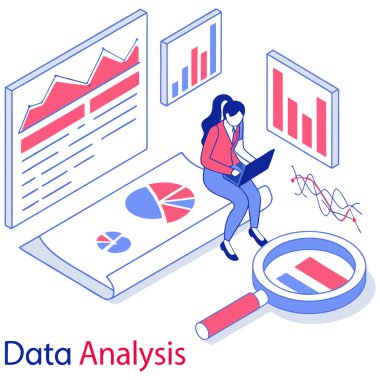 Bir kadın, bir iş analisti ya da veri bilimci, dizüstü bilgisayarla uğraşırken bir yığın belgenin üzerinde oturuyor. Etrafında veri yönetiminin temel unsurları bulunmaktadır: büyük bir büyüteç (araştırmayı ve incelemeyi sembolize eder)), 