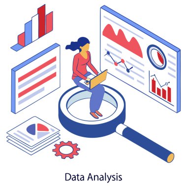 Bir kadın, bir iş analisti ya da veri bilimci, dizüstü bilgisayarla uğraşırken bir yığın belgenin üzerinde oturuyor. Etrafında veri yönetiminin temel unsurları bulunmaktadır: büyük bir büyüteç (araştırmayı ve incelemeyi sembolize eder)), 