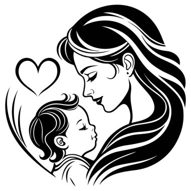 Görüntü anneliğin güçlü duygusal bağına odaklanır, dalgalı saçlar, basit bir yaprak filizi ve yukarıda küçük bir kalp ile stilize edilir. Logo, simge ya da aile ile ilgili dekoratif unsur olarak kullanılabilecek minimalist bir siluet., 