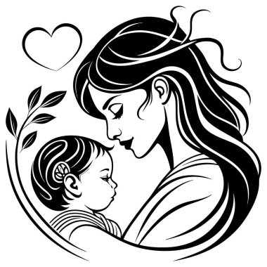 Görüntü anneliğin güçlü duygusal bağına odaklanır, dalgalı saçlar, basit bir yaprak filizi ve yukarıda küçük bir kalp ile stilize edilir. Logo, simge ya da aile ile ilgili dekoratif unsur olarak kullanılabilecek minimalist bir siluet., 