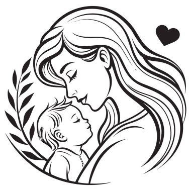 Görüntü anneliğin güçlü duygusal bağına odaklanır, dalgalı saçlar, basit bir yaprak filizi ve yukarıda küçük bir kalp ile stilize edilir. Logo, simge ya da aile ile ilgili dekoratif unsur olarak kullanılabilecek minimalist bir siluet., 