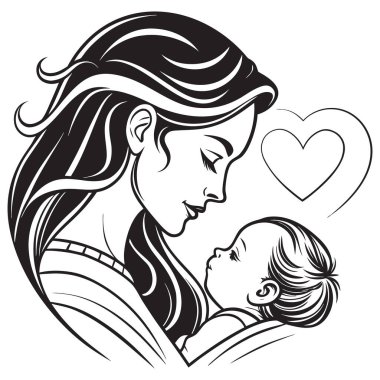 Görüntü anneliğin güçlü duygusal bağına odaklanır, dalgalı saçlar, basit bir yaprak filizi ve yukarıda küçük bir kalp ile stilize edilir. Logo, simge ya da aile ile ilgili dekoratif unsur olarak kullanılabilecek minimalist bir siluet., 