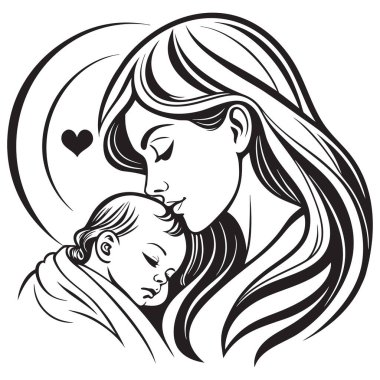 Görüntü anneliğin güçlü duygusal bağına odaklanır, dalgalı saçlar, basit bir yaprak filizi ve yukarıda küçük bir kalp ile stilize edilir. Logo, simge ya da aile ile ilgili dekoratif unsur olarak kullanılabilecek minimalist bir siluet., 