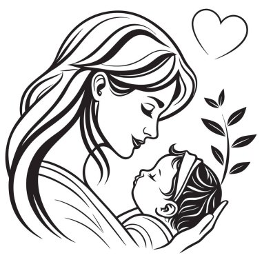 Görüntü anneliğin güçlü duygusal bağına odaklanır, dalgalı saçlar, basit bir yaprak filizi ve yukarıda küçük bir kalp ile stilize edilir. Logo, simge ya da aile ile ilgili dekoratif unsur olarak kullanılabilecek minimalist bir siluet., 