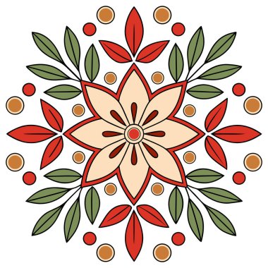 Bu, akışkan, stilize edilmiş yapraklar ve küçük böğürtlenlerle çevrili merkezi bir altı yapraklı çiçeğin bulunduğu zarif, simetrik bir çiçek vektör illüstrasyonudur. Tasarım, güzel bir toprak rengi paleti kullanıyor. Kırsal kırmızı-turuncu, sıcak bej rengi.,