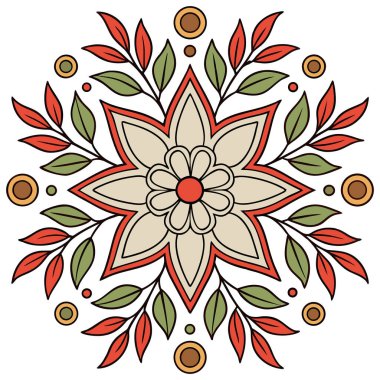 Bu, akışkan, stilize edilmiş yapraklar ve küçük böğürtlenlerle çevrili merkezi bir altı yapraklı çiçeğin bulunduğu zarif, simetrik bir çiçek vektör illüstrasyonudur. Tasarım, güzel bir toprak rengi paleti kullanıyor. Kırsal kırmızı-turuncu, sıcak bej rengi.,