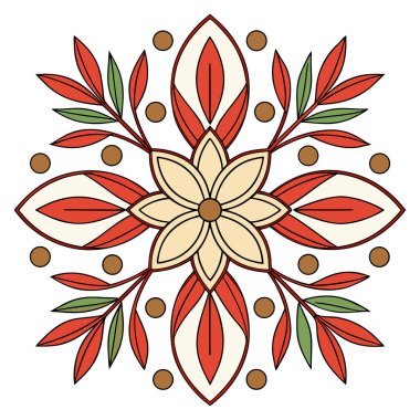 Bu, akışkan, stilize edilmiş yapraklar ve küçük böğürtlenlerle çevrili merkezi bir altı yapraklı çiçeğin bulunduğu zarif, simetrik bir çiçek vektör illüstrasyonudur. Tasarım, güzel bir toprak rengi paleti kullanıyor. Kırsal kırmızı-turuncu, sıcak bej rengi.,