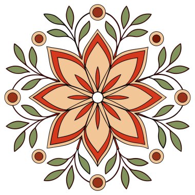 Bu, akışkan, stilize edilmiş yapraklar ve küçük böğürtlenlerle çevrili merkezi bir altı yapraklı çiçeğin bulunduğu zarif, simetrik bir çiçek vektör illüstrasyonudur. Tasarım, güzel bir toprak rengi paleti kullanıyor. Kırsal kırmızı-turuncu, sıcak bej rengi.,