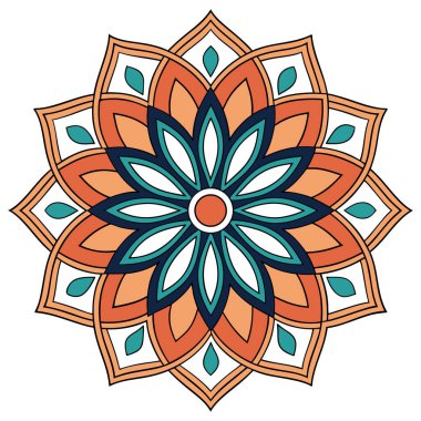 Bu, dairesel, rosette tarzı bir mandala ya da süs içeren canlı, son derece simetrik bir vektör illüstrasyonudur. Tasarım, koyu kırmızı, sarı (altın) ve siyah renklerle çevrelenmiş altı yapraklı karmaşık bir çiçek yaratmak için kullanılır.