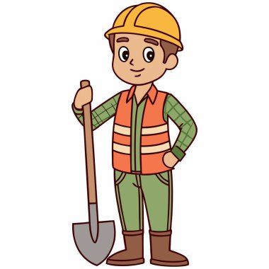 Erkek karakter gülümsüyor, sarı bir şapka takıyor, yeşil ekose gömleğin üzerine yüksek görüş mesafesi olan bir yelek giyiyor ve kahverengi çizmeli yeşil pantolon giyiyor. Elinde büyük, uzun saplı bir kürek ya da kürek tutuyor. Sanat tarzı basit, dostane ve renklidir.,