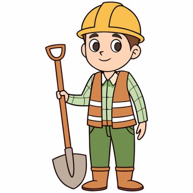 Erkek karakter gülümsüyor, sarı bir şapka takıyor, yeşil ekose gömleğin üzerine yüksek görüş mesafesi olan bir yelek giyiyor ve kahverengi çizmeli yeşil pantolon giyiyor. Elinde büyük, uzun saplı bir kürek ya da kürek tutuyor. Sanat tarzı basit, dostane ve renklidir.,