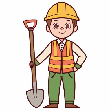 Erkek karakter gülümsüyor, sarı bir şapka takıyor, yeşil ekose gömleğin üzerine yüksek görüş mesafesi olan bir yelek giyiyor ve kahverengi çizmeli yeşil pantolon giyiyor. Elinde büyük, uzun saplı bir kürek ya da kürek tutuyor. Sanat tarzı basit, dostane ve renklidir.,