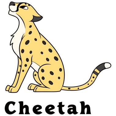 Çizgi film tarzı çita çizimi. Sarı benekli bir poz, beyaz bir karın altı ve çizgili bir kuyruk. Eğitici grafikler, vahşi yaşam temalı tasarımlar ve hayvan karakter setleri için idealdir.