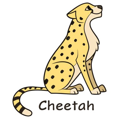 Çizgi film tarzı çita çizimi. Sarı benekli bir poz, beyaz bir karın altı ve çizgili bir kuyruk. Eğitici grafikler, vahşi yaşam temalı tasarımlar ve hayvan karakter setleri için idealdir.