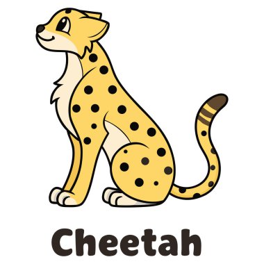 Çizgi film tarzı çita çizimi. Sarı benekli bir poz, beyaz bir karın altı ve çizgili bir kuyruk. Eğitici grafikler, vahşi yaşam temalı tasarımlar ve hayvan karakter setleri için idealdir.