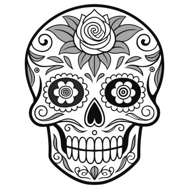 Bu yüksek kaliteli vektör çizgisi, geleneksel Meksika halk sanatı ve Ölüler Günü 'nden (Da de los Muertos) esinlenerek çok güzel detaylı bir şeker kafatasına (Calavera) sahiptir. Tasarım karmaşık bir şekilde simetrik çiçek desenleriyle dekore edilmiş.,