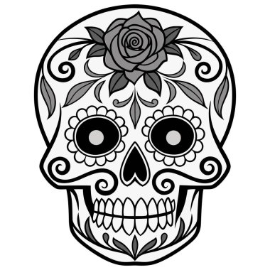 Bu yüksek kaliteli vektör çizgisi, geleneksel Meksika halk sanatı ve Ölüler Günü 'nden (Da de los Muertos) esinlenerek çok güzel detaylı bir şeker kafatasına (Calavera) sahiptir. Tasarım karmaşık bir şekilde simetrik çiçek desenleriyle dekore edilmiş.,