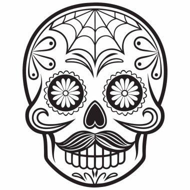 Şekil verilmiş siyah ve beyaz kafatası vektörü kalp şeklinde gözler, çiçek motifleri, örümcek ağı gibi bir alın ve kalın bir bıyık. Ölüler Günü için mükemmel tasarımlar, kültür sanatı ve dövme esinlenilmiş grafikler.
